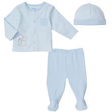 Little Me Boys' 3 Piece Blue/White Puppy Take Me Home Layette Set with Striped Cardigan, Footed Pants and Hat