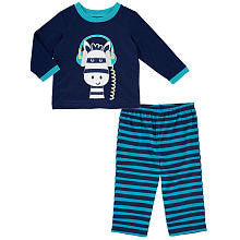 Little Me Boys 2 Piece Navy Top with Cool Headphones Zebra Applique and Striped Pant Pajama Set- Toddler