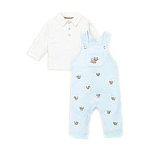 Little Me Boys 2 Piece Striped Long Sleeve Polo Shirt and Fun Fox Schiffli Embroidered Overall Set