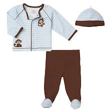 Little Me Boys' 3 Piece Blue/Brown Monkey Take Me Home Layette Set with Cardigan, Footed Pants and Hat