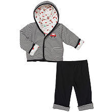 Little Me Boys 2 Piece Striped Hooded Quilted Jacket with Car Applique and Black Pant Set with Striped Cuff Set