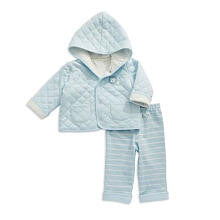 Little Me Boys 2 Piece Light Blue Hooded Quilted Jacket with Lion Applique and Striped Pant with Solid Cuff Set