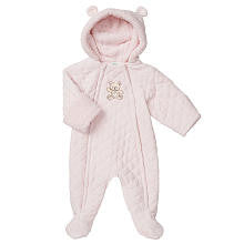 Little Me Girls Bear Applique Light Pink Hooded Quilted Pram with Sherpa Fold Over Mitten Cuffs