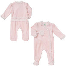 Little Me Girls Lacy Trim Asymmetrical Velour Footie with Heart Applique and Turn Me Around Ruffle Detail