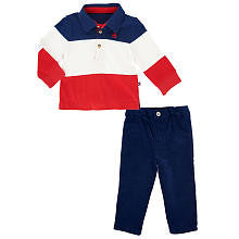 Little Me Boys 2 Piece Blue/White/Red Nautical Colorblock Long Sleeve Polo Shirt and Corduroy Pant Set