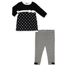 Little Me Girls 2 Piece Black/White Empire Waist Sweater Dress with Polka Dot and Striped Legging Set