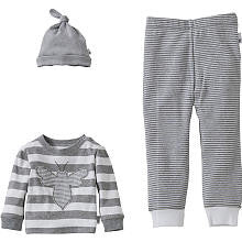 Burt's Bees Baby Boys Organic 3 Piece Grey Striped Bee Applique Long Sleeve Top, Striped Drawstring Pant and Knot Hat