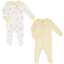 Koala Baby Neutral 2 Pack Yellow/White Duck and Stripe Zip Front Footies