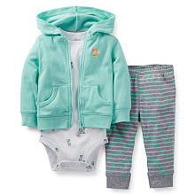 Carter's Boys 3 Piece Zip Up Hoodie, Fox Print Short Sleeve Bodysuit, and Striped Pant Set