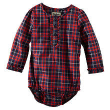 OshKosh Girls Red/Navy Plaid Poplin Long Sleeve Henley Bodysuit