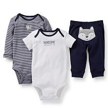 Carter's Boys 3 Piece "Handsome Like Daddy" Short Sleeve Bodysuit, Wolf Long Sleeve Bodysuit and Wolf Applique Pant