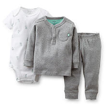 Carter's Boys 3 Piece Fox Print Short Sleeve Bodysuit, Grey Long Sleeve Henley Top, and Pant Set