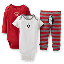 Carter's Boys 3 Piece "Little Guy" Penguin Set with Short Sleeve Bodysuit, Long Sleeve Bodysuit and Pant with Applique