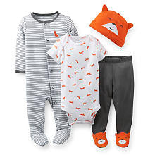 Carter's Boys 4 Piece Orange/Grey Fox Take Me Home Set with Striped Footie, Fox Print Bodysuit, Footed Pant and Hat