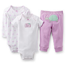 Carter's Girls 3 Piece "I Am Loved" Purple Turtle Set with Short Sleeve Bodysuit, Long Sleeve Bodysuit, and Pant Set