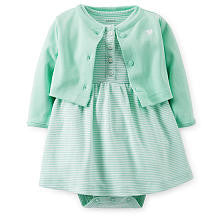 Carter's Girls 2 Piece Mint Green/White Striped Short Sleeve Bodysuit Dress and Mint Green Cardigan Set