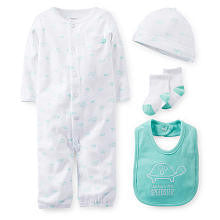 Carter's Boys 4 Piece White/Blue "Daddy's Little Speedster" Turtle Print Bib, Coverall, Socks and Hat Set