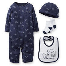 Carter's Boys 4 Piece Navy "Mommy Loves Me" Elephant Print Bib, Coverall, Socks and Hat Set