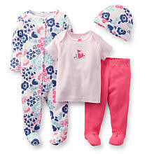 Carter's Girls 4 Piece Pink/Navy Floral Print Footie, Short Sleeve Top, Footed Pant and Hat Set