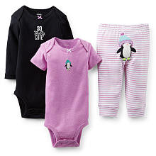 Carter's Girls 3 Piece "So Totally Cute" Penguin Set with Short Sleeve Bodysuit, Long Sleeve Bodysuit, and Pant