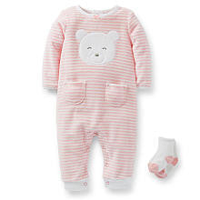 Carter's Girls 2 Piece Light Pink/White Striped Terry Coverall with Bear Applique and Socks Set