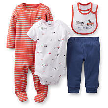 Carter's Boys 4 Piece Red/Blue "Best Friends" Dog Print Bib, Footie, Short Sleeve Bodysuit and Pant Set