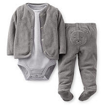 Carter's Boys 3 Piece Grey Striped Short Sleeve Bodysuit, Grey Terry Cardigan and Footed Pant with Bear Applique Set