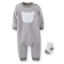 Carter's Boys 2 Piece Grey/White Striped Terry Coverall with Bear Applique and Sock Set