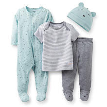 Carter's Boys 4 Piece Blue/Grey Star Print Footie, Striped Short Sleeve Top, Footed Pant and Hat Set