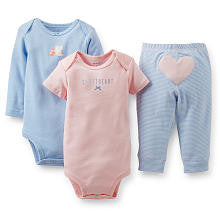 Carter's Girls 3 Piece "Sweetheart" Set with Short Sleeve Bodysuit, Long Sleeve Bodysuit, and Pant with Applique