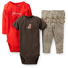 Carter's Girls 3 Piece "Darling" Red/Leopard Print Set with Short Sleeve Bodysuit, Long Sleeve Bodysuit, and Pant