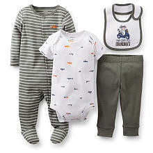 Carter's Boys 4 Piece Olive "I'm off to Grandma's" Racoon Print Bib, Footie, Short Sleeve Bodysuit and Pant Set