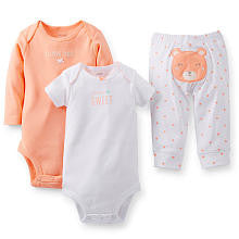 Carter's Girls 3 Piece Sweet Coral Bear Set with Short Sleeve Bodysuit, Long Sleeve Bodysuit, and Pant with Applique