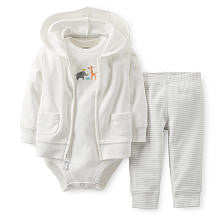 Carter's Neutral 3 Piece Ivory Zip Up Hoodie, Animal Embroidered Short Sleeve Bodysuit, and Striped Pant Set