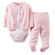 Carter's Girls 3 Piece Striped Short Sleeve Bodysuit, Pink Terry Cardigan and Footed Pant with Bear Applique Set