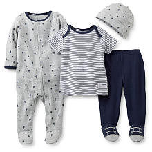 Carter's Boys 4 Piece Blue/Grey Sailboat Print Footie, Striped Short Sleeve Top, Footed Pant and Hat Set