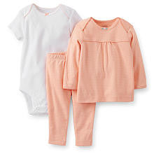 Carter's Girls 3 Piece White Short Sleeve Pointelle Bodysuit, Coral Polka Dot Long Sleeve Top and Pant Set