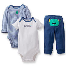 Carter's Boys 3 Piece "Mommy's Little Monster" Short Sleeve Bodysuit, Long Sleeve Bodysuit and Pant with Applique