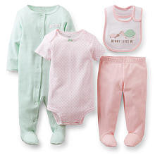 Carter's Girls 4 Piece Pink/Mint "Mommy Loves Me" Turtle Print Bib, Footie, Short Sleeve Bodysuit and Footed Pant Set