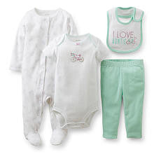 Carter's Girls 4 Piece Mint "I Love Auntie" Bib, Footie, Short Sleeve Bodysuit and Pant Layette Set