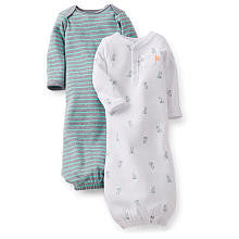 Carter's Boys 2 Pack Fox Print Henley Gown and Striped Gown with Fold Over Mitten Cuffs- 0-6 Months