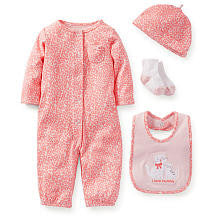 Carter's Girls 4 Piece Pink Leopard Print "I Love Mommy" Bib, Coverall, Hat and Socks Set