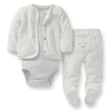 Carter's Neutral 3 Piece Ivory Striped Short Sleeve Bodysuit, Terry Cardigan, Footed Pant with Bear Applique Set