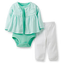 Carter's Girls 3 Piece Mint Green Striped Cardigan, Bodysuit, and White Pant Set