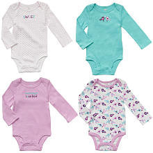 Koala Baby Girls' 4 Pack Teal/Purple Printed and Embroidered Long Sleeve Bodysuits