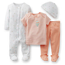 Carter's Girls 4 Piece Peach/White Hot Air Balloon Print Footie, Striped Short Sleeve Top, Footed Pant and Hat Set