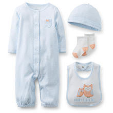 Carter's Girls 4 Piece Light Blue/Leopard Print Owl "Daddy Loves Me" Bib, Coverall, Socks and Hat Set