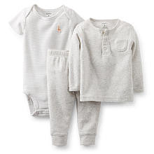 Carter's Neutral 3 Piece Grey Striped Short Sleeve Bodysuit, Heather Grey Long Sleeve Henley Top, and Pant Set