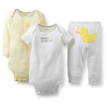 Carter's Neutral 3 Piece "Mommy Loves Me" Duck Set with Short Sleeve Bodysuit, Long Sleeve Bodysuit, and Pant