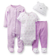 Carter's Girls 4 Piece Purple Striped Footie, Short Sleeve Bodysuit, Footed Pant with Foot Art and Hat Set